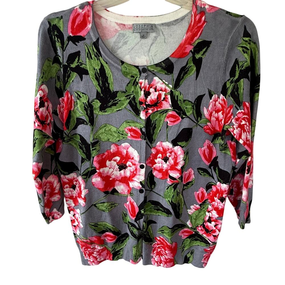 Joseph Aboud Gray base & red floral Button down lite sweater size M